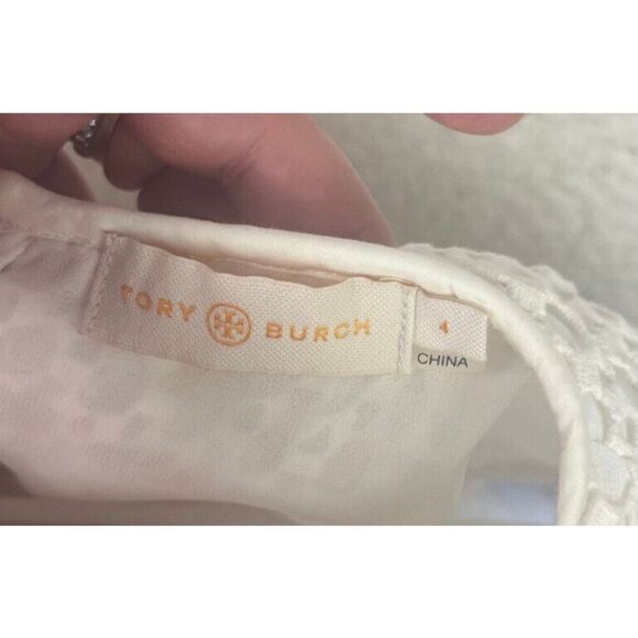Tory Burch Crescent Guipure Lace Pleated Back Short Sleeve Top Off‎ White Size 4 - Picture 7 of 9